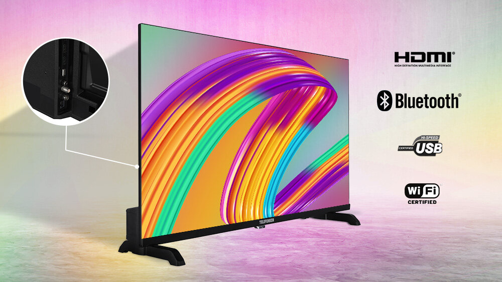 Telewizor TELEFUNKEN TFL-24APH1000 - Praktyczne złącza, dwa złącza HDMI, gniazdo USB-A, Wi-Fi, Bluetooth, telewizor pod skosem, kadr na złącza