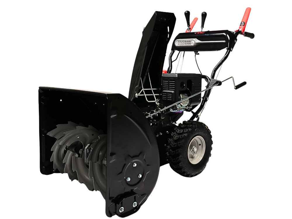 Odśnieżarka spalinowa NAC STP212L-66-EB-K odśnieżarka na białym tle widoczna od przodu pod skosem szerokość robocza do 66 cm wysokość do 51 cm jednorazowe zbieranie dużej ilości śniegu duży podajnik ślimakowy o średnicy 310 mm rozdrabnia śnieg i kieruje go do wyrzutu
