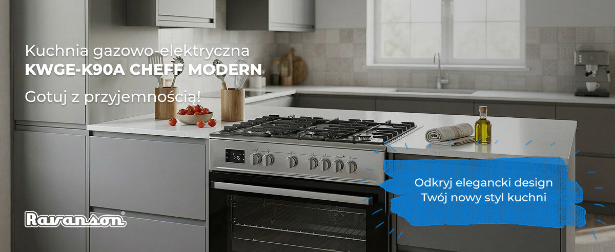 Kuchnia gazowo-elektryczna KWGE-K90A CHEFF MODERN z widocznym piekarnikiem i płytą grzewczą w nowoczesnej kuchni. Tekst: \'Kuchnia gazowo-elektryczna KWGE-K90A CHEFF MODERN. Gotuj z przyjemnością!\' oraz \'Odkryj elegancki design Twój nowy styl kuchni\'.
