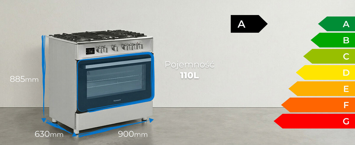Kuchnia gazowa z piekarnikiem o pojemności 110L, w kolorze srebrnym z niebieskimi akcentami, o wymiarach 885mm x 900mm x 630mm. Obok znajduje się etykieta energetyczna z klasą A.