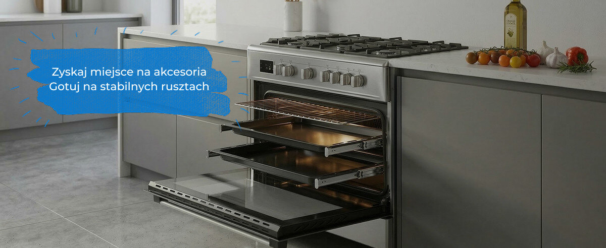 Kuchnia gazowa z otwartym piekarnikiem i trzema wysuniętymi rusztami, umieszczona w nowoczesnej kuchni. Na obrazie widoczny jest tekst: \'Zyskaj miejsce na akcesoria Gotuj na stabilnych rusztach\'.