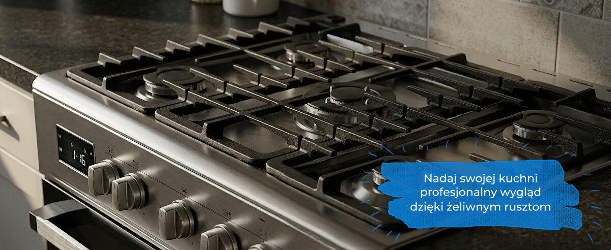 Zdjęcie przedstawia kuchenkę gazową z żeliwnymi rusztami i pokrętłami do regulacji płomienia. Na obrazie widoczny jest tekst: \'Nadaj swojej kuchni profesjonalny wygląd dzięki żeliwnym rusztom\'.