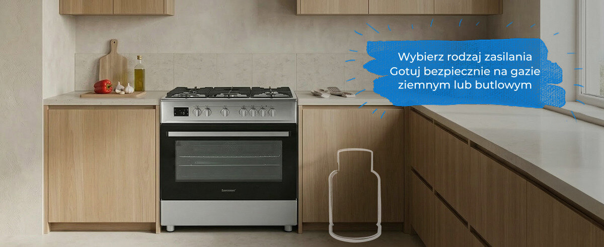 Kuchnia gazowa z piekarnikiem w zabudowie kuchennej, z widocznymi pokrętłami i palnikami na górze. Na obrazie znajduje się tekst: \'Wybierz rodzaj zasilania Gotuj bezpiecznie na gazie ziemnym lub butlowym\'.