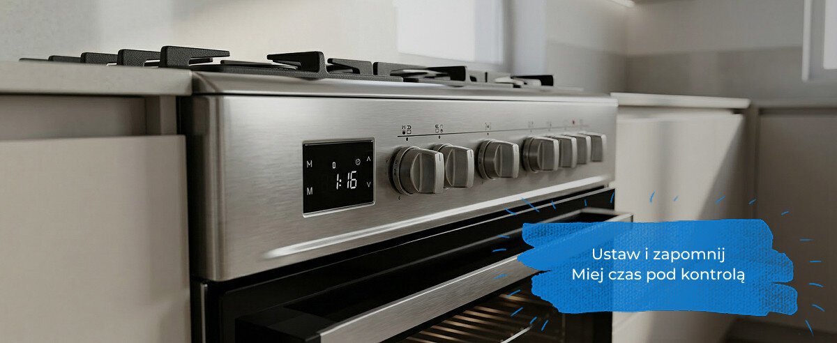 Zdjęcie przedstawia kuchenkę gazową z metalowym frontem i pokrętłami do regulacji. Na niebieskim tle widoczny jest tekst: \'Ustaw i zapomnij Miej czas pod kontrolą\'.