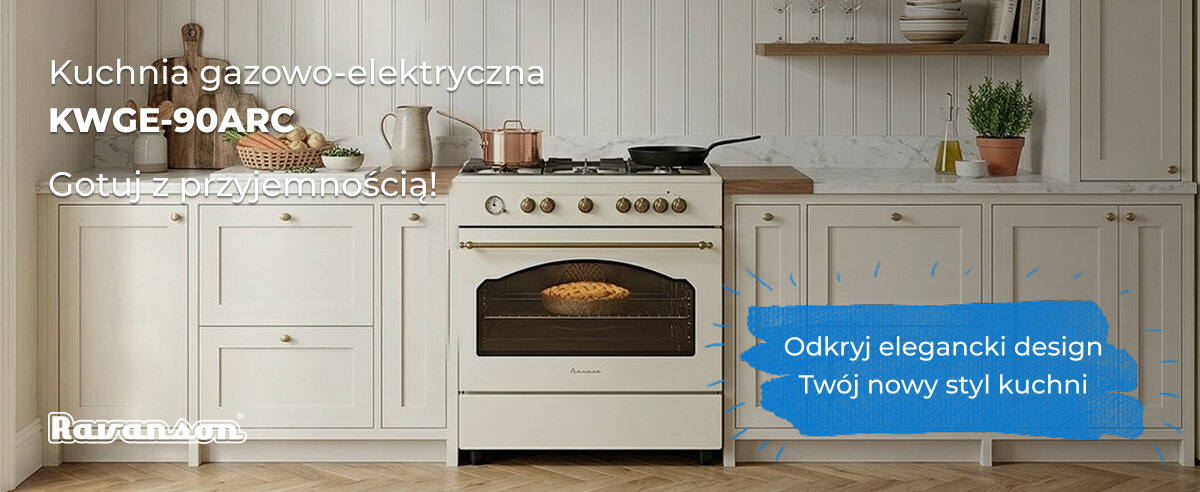 KUCHNIA RAVANSON KWGE-90ARC Zdjęcie przedstawia kuchnię gazowo‑elektryczną Ravanson KWGE‑90AR w klasycznej, jasnej aranżacji z dekoracyjnymi frontami i drewnianym blatem. Na grafice widoczne są napisy: „Kuchnia gazowo‑elektryczna KWGE‑90AR”, „Gotuj z przyjemnością!” oraz hasło „Odkryj elegancki design – Twój nowy styl kuchni”