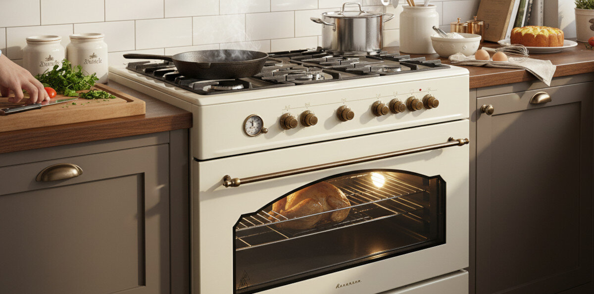 KUCHNIA RAVANSON KWGE-90ARC Zdjęcie ukazuje zbliżenie kuchni gazowo‑elektrycznej Ravanson w stylu retro, z piekarnikiem wyposażonym w podświetlane wnętrze i widocznym wypiekiem na ruszcie. Na blacie znajdują się naczynia i składniki, co podkreśla funkcjonalność oraz domowy charakter aranżacji palnik WOK 5 palników gazowych piekarnik elektryczny 110 l wolnostojąca kuchenka żaroodporne pokrętła