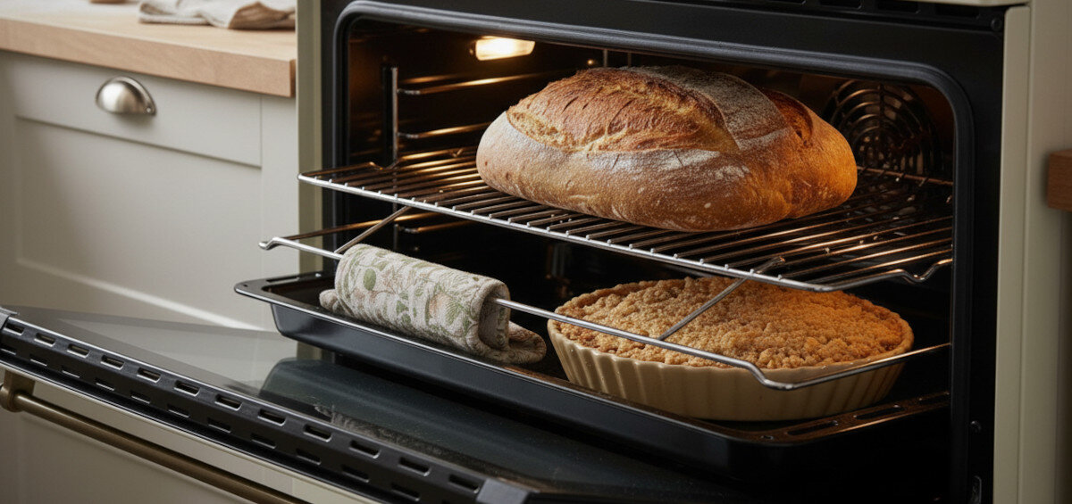 KUCHNIA RAVANSON KWGE-90ARC Zdjęcie przedstawia wnętrze piekarnika z wysuniętym rusztem, na którym znajdują się bochenek chleba oraz tarta w ceramicznej formie. Oświetlone wnętrze podkreśla równomierne pieczenie i dużą pojemność komory pojemny piekarnik 110 l termoobieg równomierne pieczenie funkcja rozmrażania wielofunkcyjny piekarnik