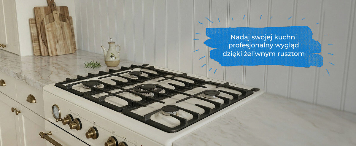 KUCHNIA RAVANSON KWGE-90ARC Zdjęcie przedstawia płytę gazową kuchni Ravanson z masywnymi, żeliwnymi rusztami osadzonymi na jasnym blacie kuchennym. Na grafice widnieje napis: „Nadaj swojej kuchni profesjonalny wygląd dzięki żeliwnym rusztom”, podkreślający solidność i elegancki charakter wykończenia zabezpieczenie przeciwwypływowe gazu bezpieczeństwo gotowania żeliwne ruszty stabilność naczyń trwałe ruszty