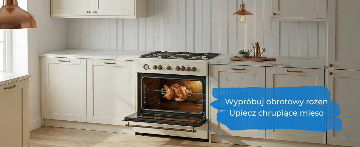 KUCHNIA RAVANSON KWGE-90ARC Zdjęcie przedstawia kuchnię gazowo‑elektryczną Ravanson w jasnej, klasycznej zabudowie, z otwartym piekarnikiem i widocznym obracającym się kurczakiem na rożnie. Na grafice widnieje napis „Wypróbuj obrotowy rożen – Upiecz chrupiące mięso”, podkreślający funkcję pieczenia na rożnie rożen obrotowy pieczenie mięsa równomierne opiekanie soczyste mięso funkcje piekarnika