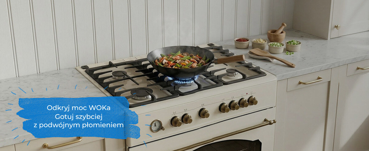 KUCHNIA RAVANSON KWGE-90ARC Zdjęcie przedstawia kuchnię gazowo‑elektryczną Ravanson z płytą gazową, na której na palniku WOK smażone są warzywa w woku nad intensywnym, podwójnym płomieniem. Na grafice widnieje napis „Odkryj moc WOKa – Gotuj szybciej z podwójnym płomieniem”, podkreślający wysoką wydajność gotowania palnik WOK podwójny płomień gotowanie azjatyckie szybkie nagrzewanie duża moc palnika