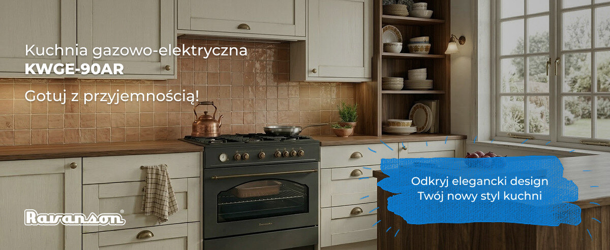 Kuchnia gazowo-elektryczna KWGE-90AR w eleganckiej kuchni z jasnymi szafkami i miedzianymi płytkami na ścianie. Tekst na obrazie: \'Kuchnia gazowo-elektryczna KWGE-90AR Gotuj z przyjemnością!\' oraz \'Odkryj elegancki design Twój nowy styl kuchni\'.