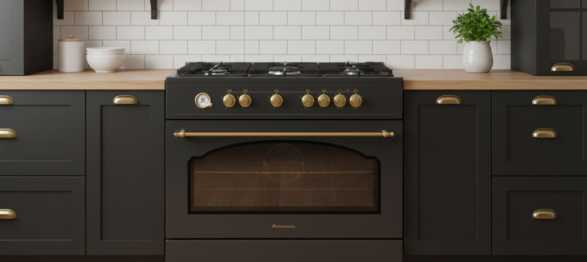 Czarna kuchnia z piekarnikiem i sześcioma pokrętłami w kolorze złotym, umieszczona pomiędzy szafkami z drewnianym blatem. Na piekarniku widoczny jest napis \'Ravanson\'.