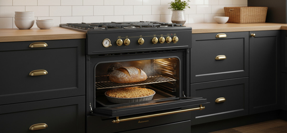 Czarna kuchnia z piekarnikiem, w którym znajduje się pieczywo i ciasto. Na blacie stoją białe miski i koszyk, a na froncie piekarnika widnieje napis \'Ravanson\'.