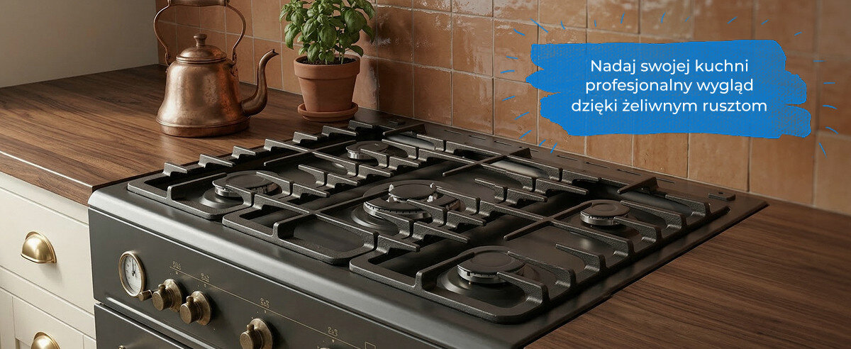 Na zdjęciu znajduje się kuchnia gazowa z żeliwnymi rusztami na drewnianym blacie. Obok widoczny jest napis: \'Nadaj swojej kuchni profesjonalny wygląd dzięki żeliwnym rusztom\'.