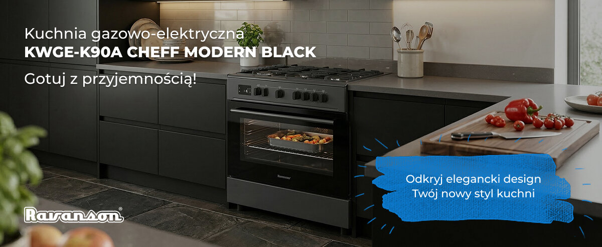 Kuchnia gazowo-elektryczna KWGE-K90A CHEFF MODERN BLACK z widocznym piekarnikiem i płytą grzewczą w nowoczesnej kuchni. Tekst na obrazie: \'Kuchnia gazowo-elektryczna KWGE-K90A CHEFF MODERN BLACK, Gotuj z przyjemnością!\', \'Odkryj elegancki design Twój nowy styl kuchni\'.