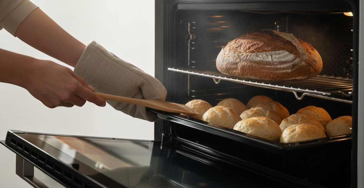 Osoba w rękawicy kuchennej wkłada drewnianą łopatkę do piekarnika, w którym znajduje się chleb i bułki na dwóch poziomach. Piekarnik jest otwarty, a na drzwiach widać odbicie światła.