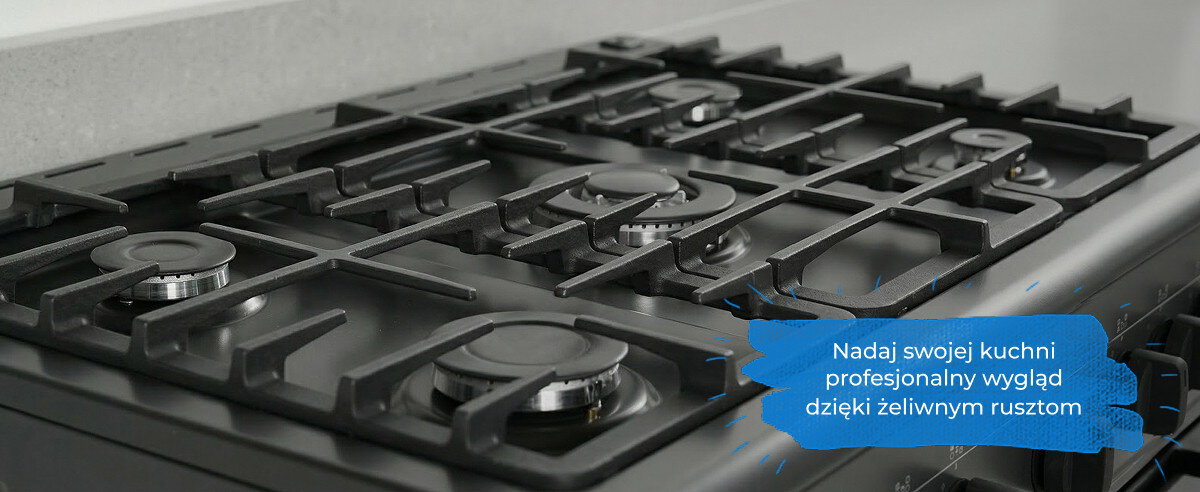 Na obrazie widoczna jest płyta kuchenna z żeliwnymi rusztami. Na niebieskim tle znajduje się tekst: \'Nadaj swojej kuchni profesjonalny wygląd dzięki żeliwnym rusztom\'.