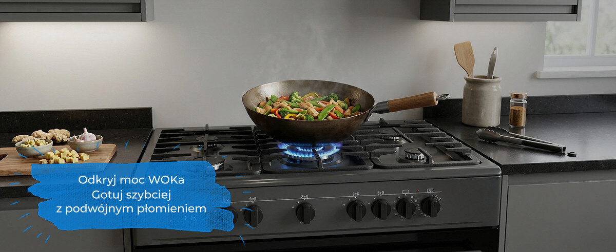 Na kuchence gazowej znajduje się wok z warzywami, a pod nim płomień. Na obrazie widoczny jest tekst: \'Odkryj moc WOKa Gotuj szybciej z podwójnym płomieniem\'.