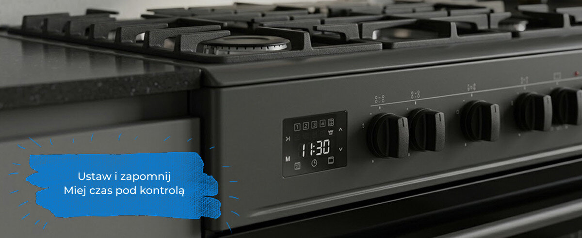 Czarna kuchenka gazowa z pokrętłami i wyświetlaczem pokazującym godzinę 11:30. Obok znajduje się niebieski napis: \'Ustaw i zapomnij Miej czas pod kontrolą\'.