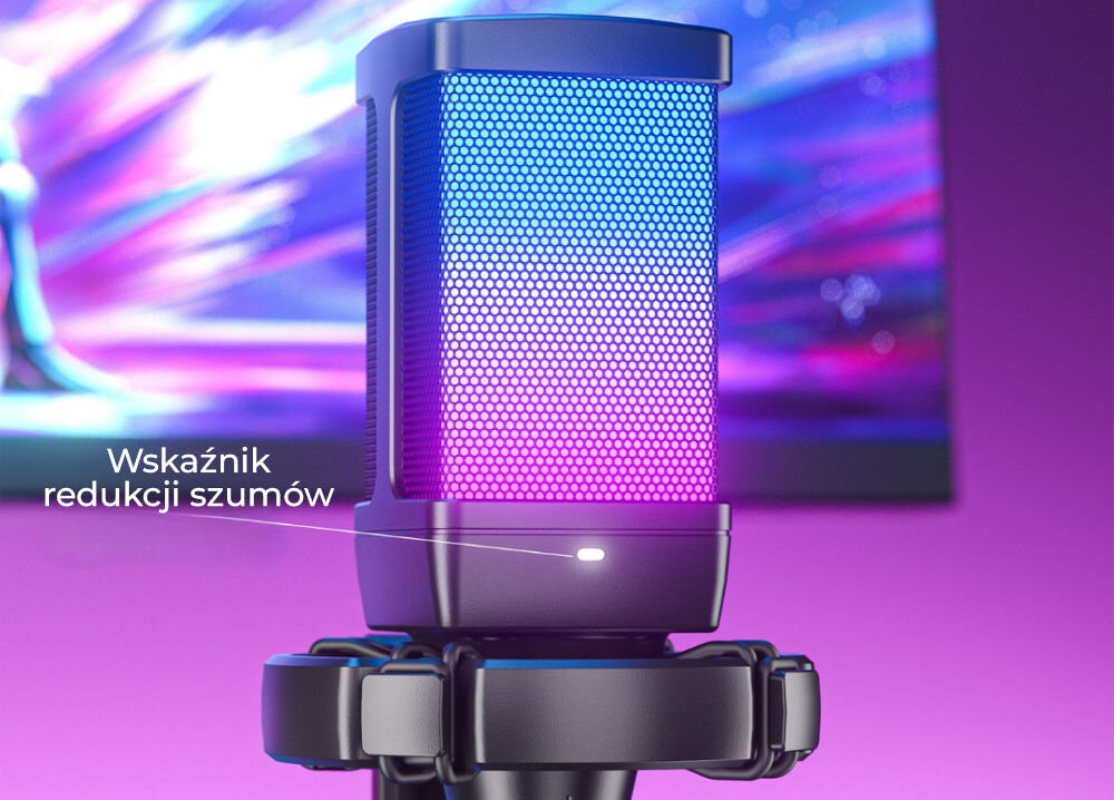 Mikrofon FIFINE Q6 Kardioidalny Czarny prezentacja mikrofonu w tle monitor i kolorowa poświata na ścianie napis wskaźnik redukcji szumów przewodowe połączenie stabilny sygnał bez opóźnień