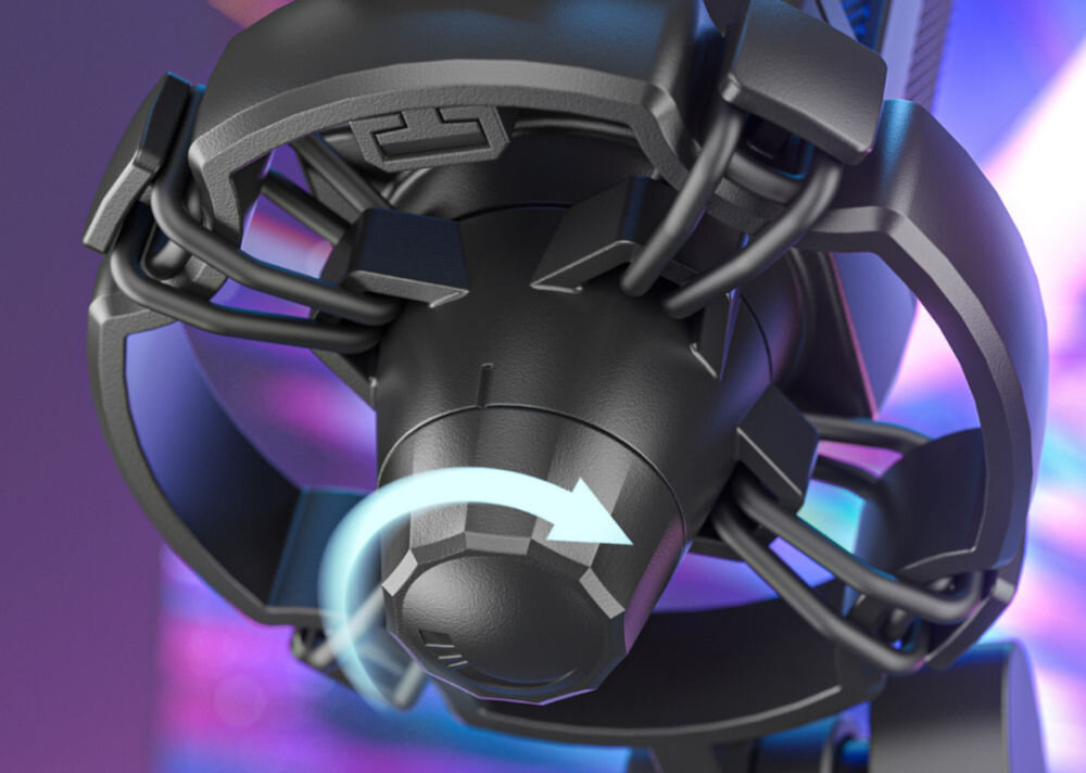 Mikrofon FIFINE Q6 Kardioidalny Czarny zbliżenie na pokrętło strzałka pokazująca możliwość regulacji regulacja czułości głośności dopasowanie poziomu nagrania ograniczenie ryzyka przesterów