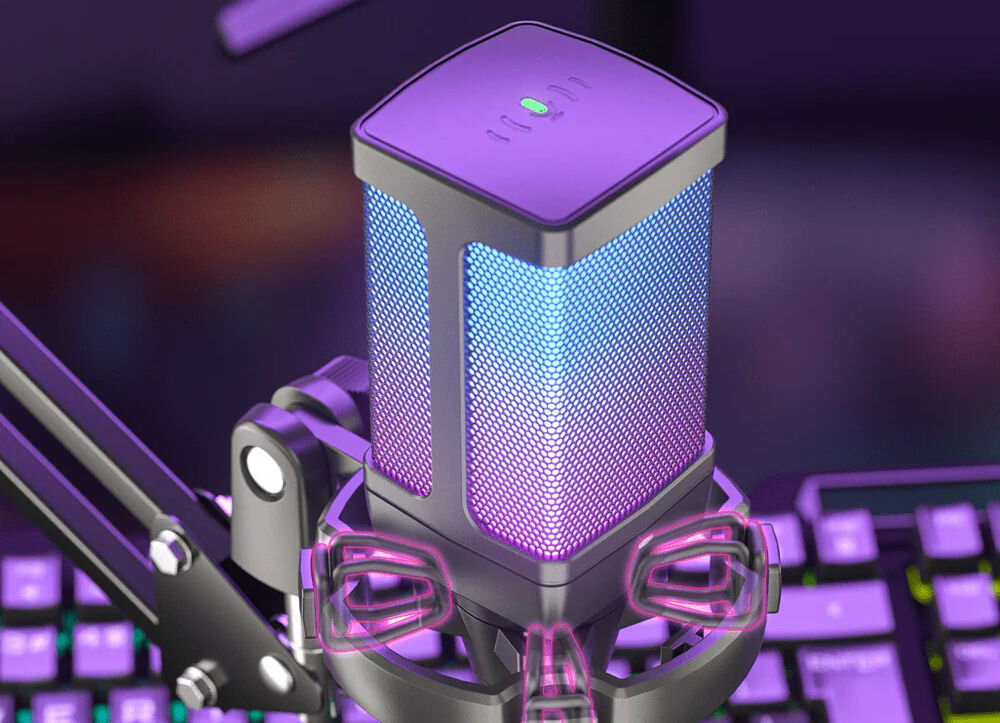 Mikrofon FIFINE Q6T Kardioidalny Czarny zbliżenie na mikrofon i pokazanie jego górnej części w tle klawiatura przycisk MUTE wyłączenie dźwięku jednym dotknięciem