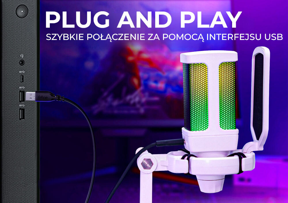 Mikrofon FIFINE Q6W Kardioidalny Biały prezentacja mikrofonu w tle monitor kolorowa poświata po lewej stronie imitacja podłączenia do komputera charakterystyka ograniczenie odgłosów z tyłu i boku