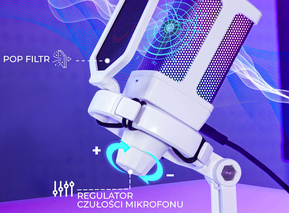 Mikrofon FIFINE Q6W Kardioidalny Biały zbliżenie na pokrętło strzałka pokazująca możliwość regulacji regulacja czułości głośności dopasowanie poziomu nagrania ograniczenie ryzyka przesterów