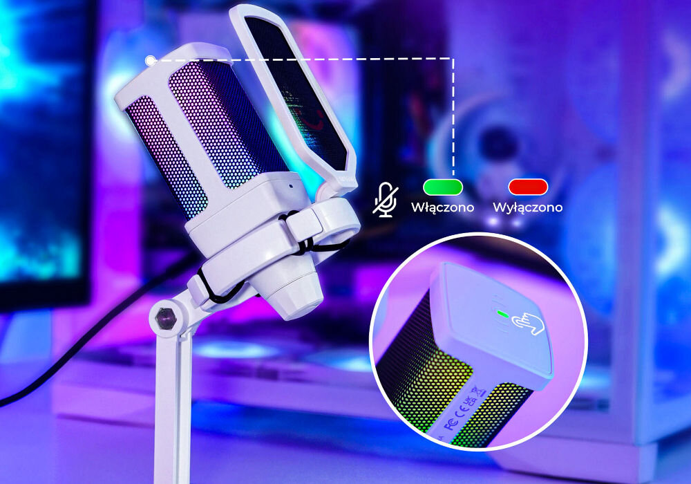 Mikrofon FIFINE Q6W Kardioidalny Biały imitacja wyciszania mikrofonu pokazane kolory wyciszania i odciszania przycisk MUTE wyłączenie dźwięku jednym dotknięciem