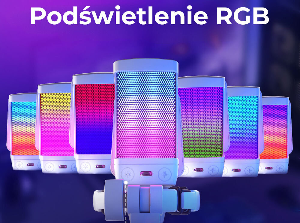Mikrofon FIFINE Q6W Kardioidalny Biały grafika ze świecącym mikrofonem napis podświetlenie RGB 14 trybów efektów świetlnych dobranie stylu