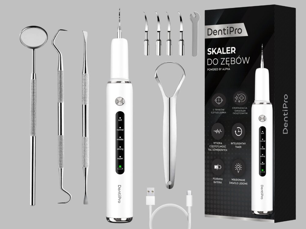 Skaler do zębów ALPHA DentiPro AWS-03 odpowiednie dopasowanie pracy, tryb soft, normal, medium, strong, super strong