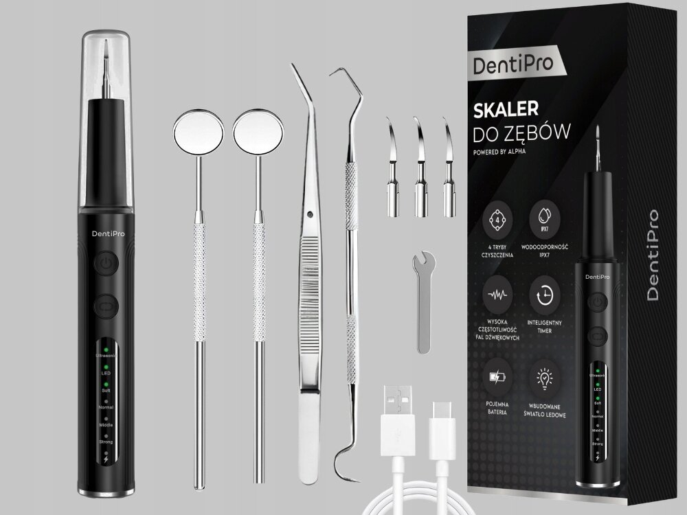 Skaler dentystyczny ALPHA DentiPro AWS-02 4 wymienne głowice, usuwanie osadu z dużych powierzchni, sonda, skrobak, lusterka, kontrolowanie stanu zębów