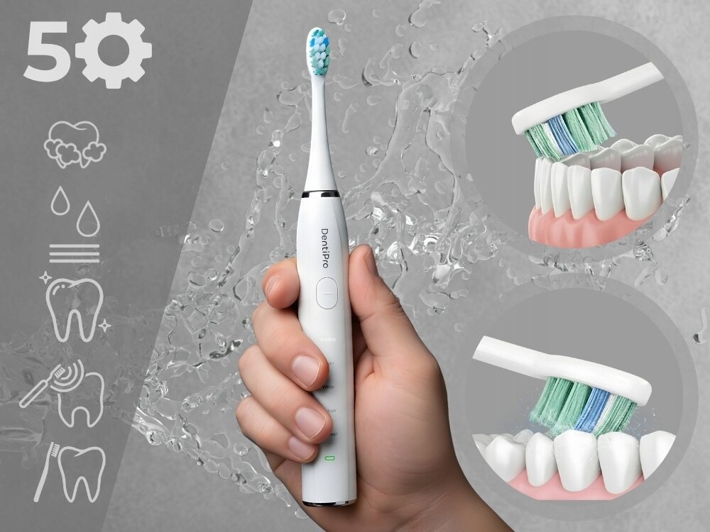 Szczoteczka soniczna ALPHA DentiPro STB-03 końcówki z włóknami DuPont, niższe koszty utrzymania, dokładne czyszczenie, kompletny zestaw