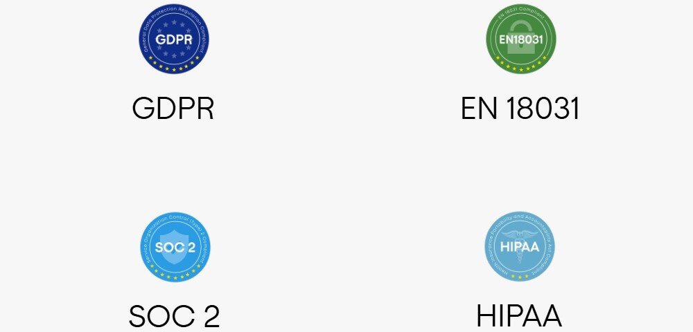 PLAUD Note PRO bezpieczeństwo danych szyfrowanie prywatność RODO SOC2 HIPAA, loga szyfrowania na jasnym tle