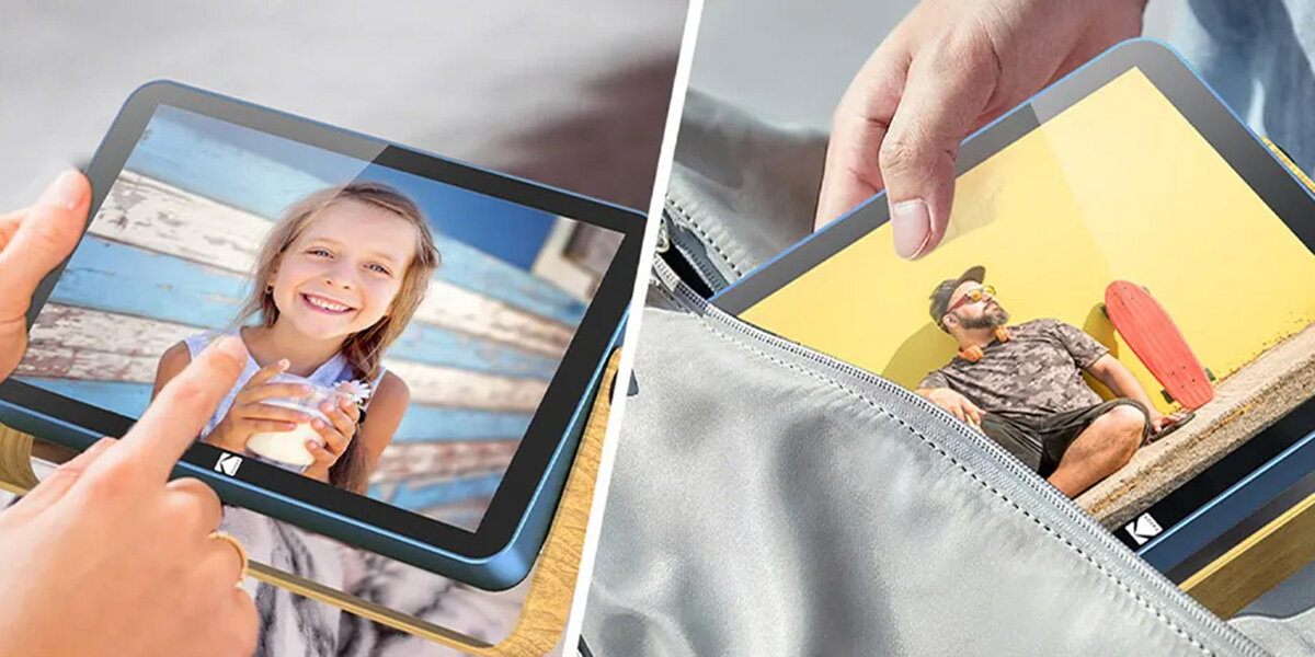 Ramka cyfrowa KODAK RWF-108V Niebieski, Bateria, 2 zdjęcia 2 różne osoby obsługują ramke