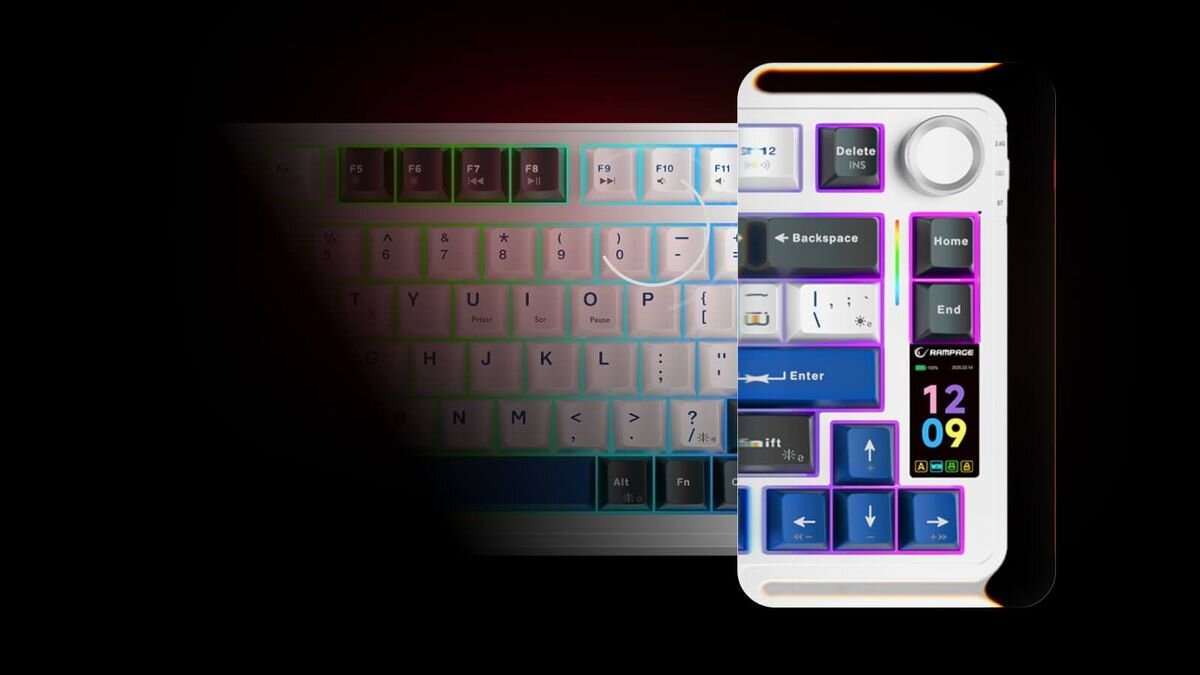 RAMPAGE Quell Pro ekran TFT przekątnej 1,14 cala podgląd profili, trybów i podświetlenia pokrętło sterujące klawisze multimedialne regulować dźwięk oraz multimedia - przycieniona klawiatura z zoomem na ekran