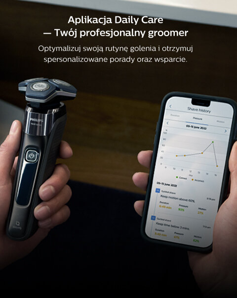 Osoba trzyma golarkę marki PHILIPS oraz smartfon z aplikacją pokazującą wykres i dane dotyczące golenia. Na obrazie widoczny jest tekst: \'Aplikacja Daily Care — Twój profesjonalny groomer. Optymalizuj swoją rutynę golenia i otrzymuj spersonalizowane porady oraz wsparcie.\'