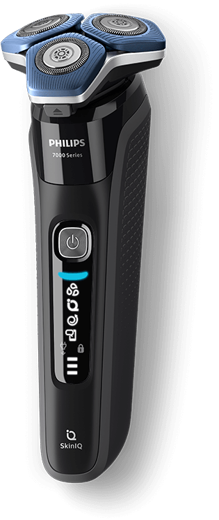 Golarka elektryczna z trzema okrągłymi głowicami tnącymi, wyświetlaczem LED i przyciskiem zasilania. Widoczne logo \'PHILIPS\' oraz napis \'7000 Series\' i \'SkinIQ\'.