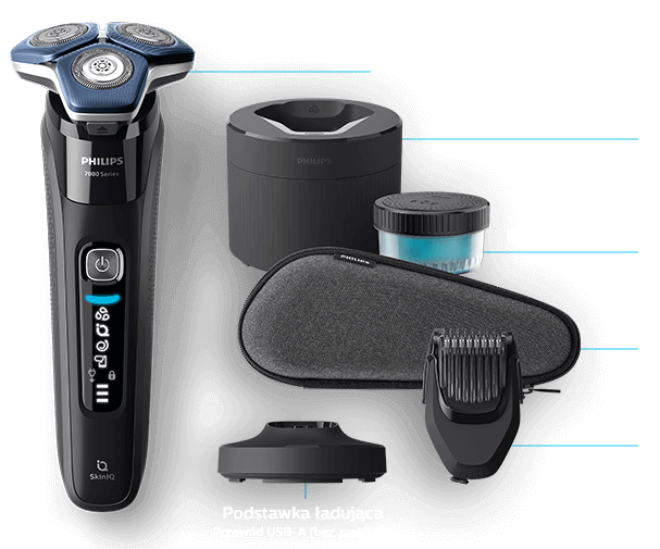 Na obrazie znajduje się golarka PHILIPS Seria 7000 S7886/58 wraz z akcesoriami: stacją czyszczącą, wkładem do stacji Quick Clean Pod, etui, trymerem i podstawką ładującą. Widoczny jest również przewód USB-A (bez zasilacza).