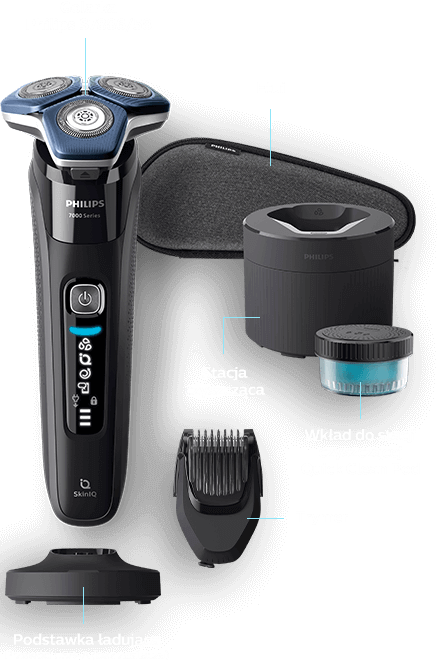 Na obrazie znajduje się golarka z trzema głowicami, obok której widoczne są etui, stacja czyszcząca, wkład do stacji czyszczącej, trymer oraz podstawka ładująca. Na golarce widoczny jest napis \'PHILIPS\' oraz \'SkinIQ\'.
