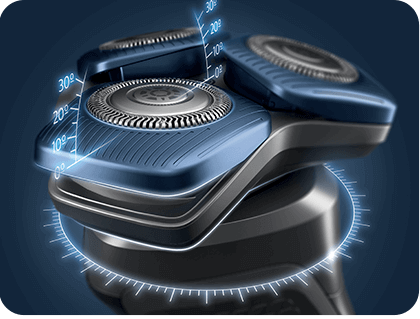 Zbliżenie na głowicę golarki z trzema okrągłymi ostrzami, otoczoną niebieskimi liniami i oznaczeniami kątów. Golarka ma metaliczny, niebieski kolor.