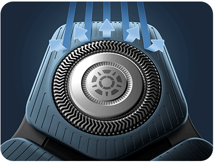 Obraz przedstawia zbliżenie na głowicę golarki z trzema okrągłymi ostrzami, otoczoną niebieskimi strzałkami wskazującymi kierunek ruchu. Tło jest ciemne, a golarka ma niebieskie i srebrne elementy.