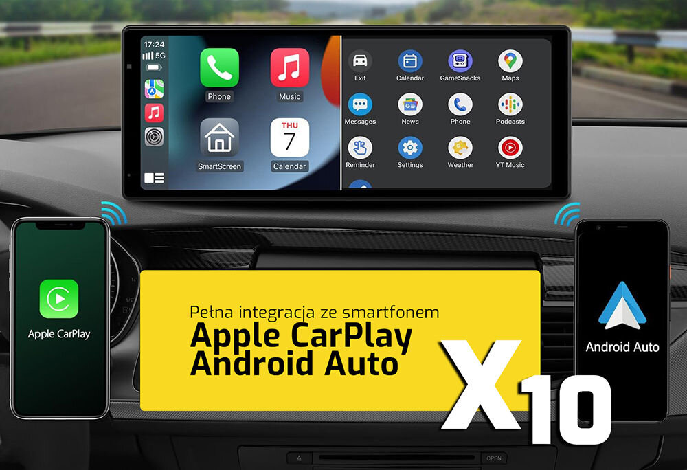 Tablet XENSO X10 Bezprzewodowy CarPlay Android Auto integracja smartfona funkcje multimedialne, teblet zamontowany na kokpicie samochodu, smartfony z logiem Apple carPlay oraz Android Auto