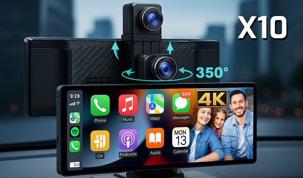 Tablet XENSO X10 nawigacja GPS sterowanie głosowe bezpieczna jazda, tablet zamocowany na kokpicie auta, kamera o regulacji obrotów 350 stopni