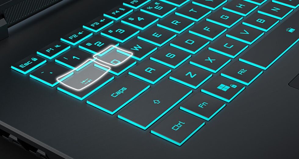 Klawiatura Golden Curve laptopa GIGABYTE Gaming A16 z podświetleniem i powiększonym touchpadem widok z góry – ergonomiczny układ oparty na proporcji złotego podziału z wyciszonymi przełącznikami