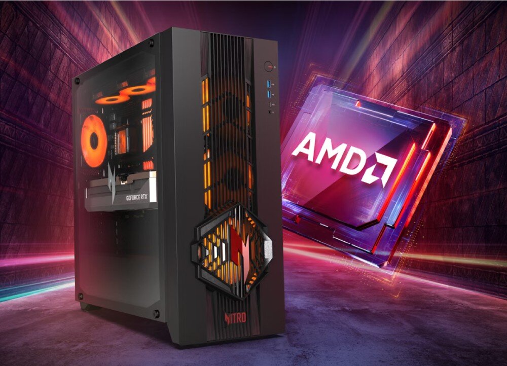 Obraz przedstawia komputer stacjonarny z podświetleniem RGB i widoczną kartą graficzną GeForce RTX. W tle znajduje się logo AMD na kolorowym tle.