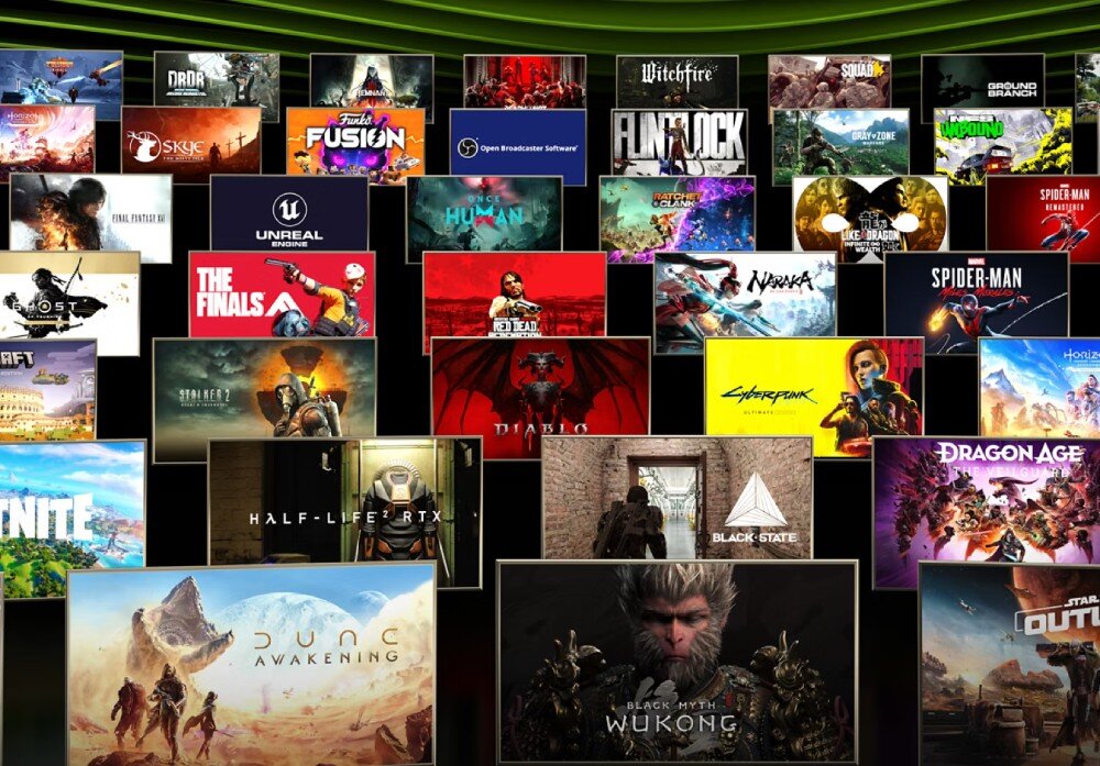 Obraz przedstawia kolaż okładek różnych gier komputerowych, takich jak \'Cyberpunk\', \'Diablo IV\', \'Spider-Man\' i \'Dune Awakening\'. Widoczne są także logotypy, takie jak Unreal Engine i Open Broadcaster Software.