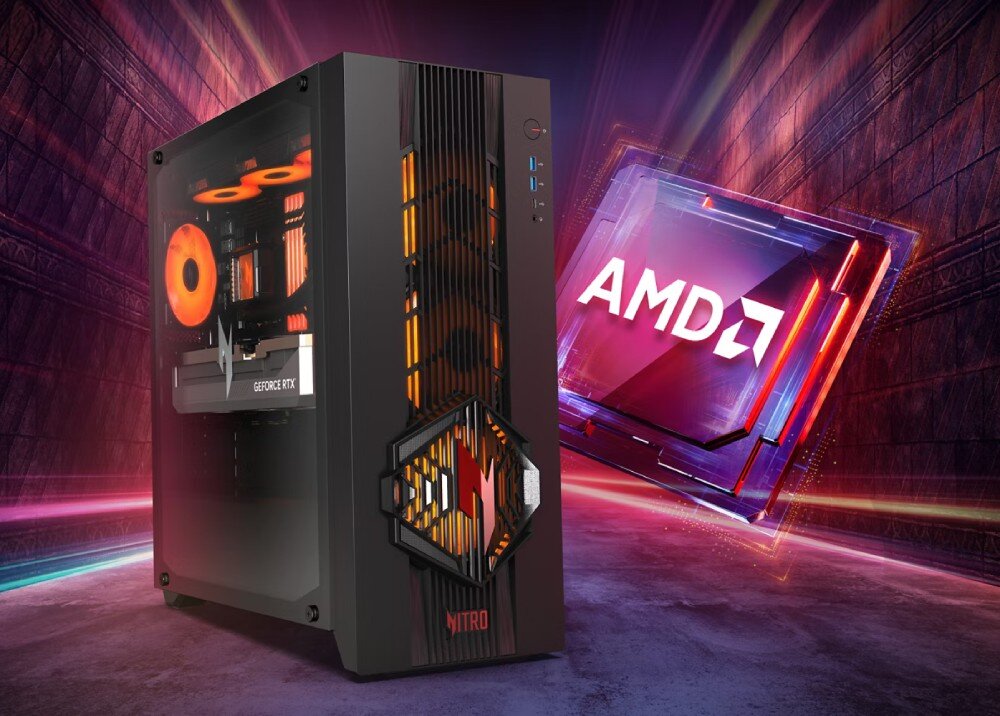 Komputer ACER Nitro 70 N70X3D-100 Czarna obudowa komputerowa z widocznymi podzespołami podświetlonymi na pomarańczowo, obok której umieszczono logotyp procesora AMD na fioletowo-różowym tle z geometrycznymi wzorami, procesor, rdzenie, wydajność