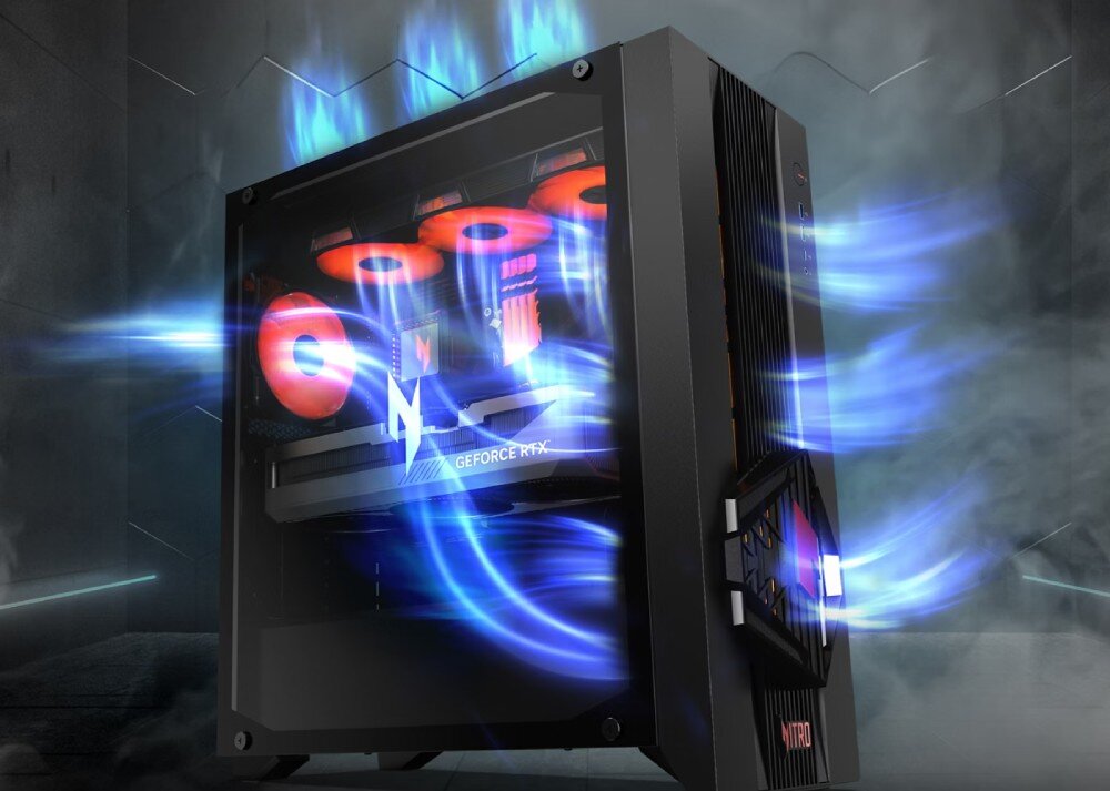 Komputer ACER Nitro 70 N70X3D-100 Komputer stacjonarny z przezroczystym bokiem i pomarańczowym podświetleniem wnętrza, wokół którego naniesiono graficzne efekty wizualizujące przepływ chłodnego powietrza w postaci niebieskich smug, chłodzenie, wentylacja, pompa