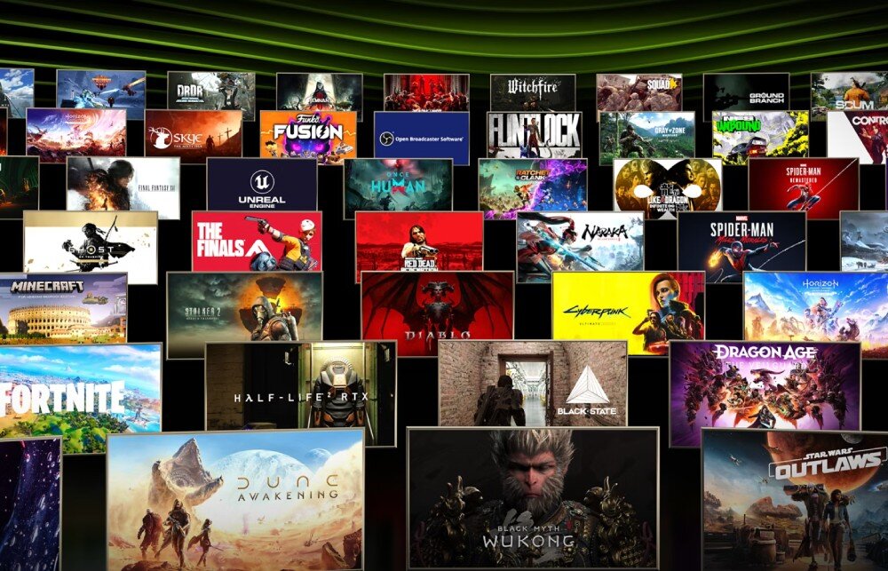 Obraz przedstawia wiele okładek gier komputerowych ułożonych w kilku rzędach, w tym tytuły takie jak \'Minecraft\', \'Fortnite\', \'Cyberpunk\', \'Diablo\', \'Spider-Man\', \'Dragon Age\', \'Dune Awakening\' i \'Black Myth Wukong\'. Tło jest ciemne z zielonymi liniami na górze.
